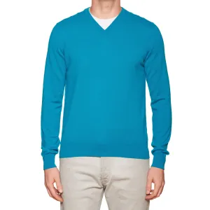 FEDELI Aqua Blue Cashmere V-Neck Sweater 60 NEW 4XL