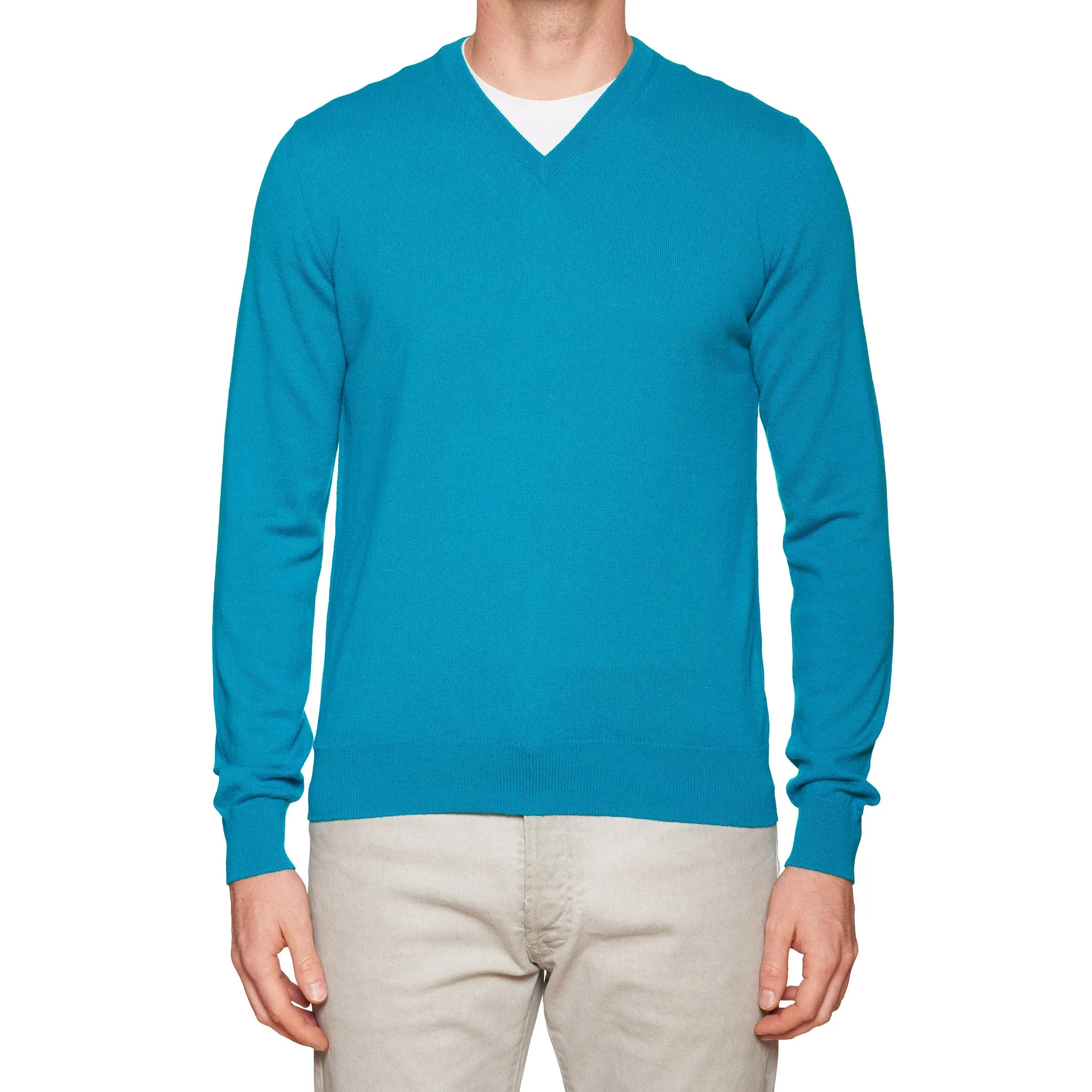 FEDELI Aqua Blue Cashmere V-Neck Sweater 60 NEW 4XL